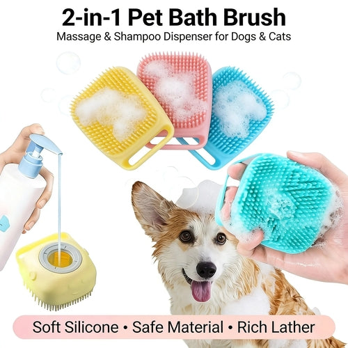 2-In-1 Pet Bath & Massage Brush With Shampoo Storage Silicone Dog Cat